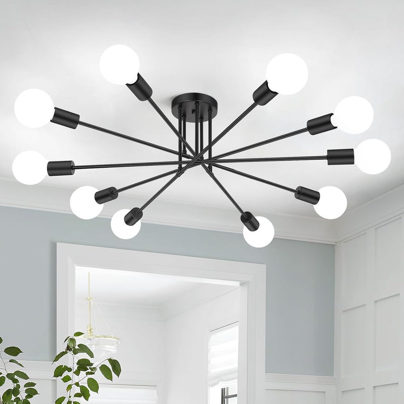Bosceos Modern Sputnik Chandelier 10-Light Industrial Ceiling Lights Fixture 31.5" Black Semi Flush Mount Ceiling Light with E26 Base Sputnik Lights Fixture for Dining Room Bedroom Foyer Hallway Living Room - Image 1